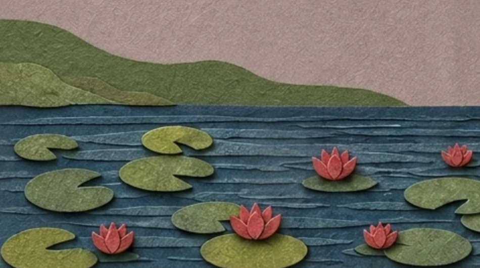 A dark blue lake with round green lily pads and pink water lilies, a low green shore at the left, the four streams falling into the water
