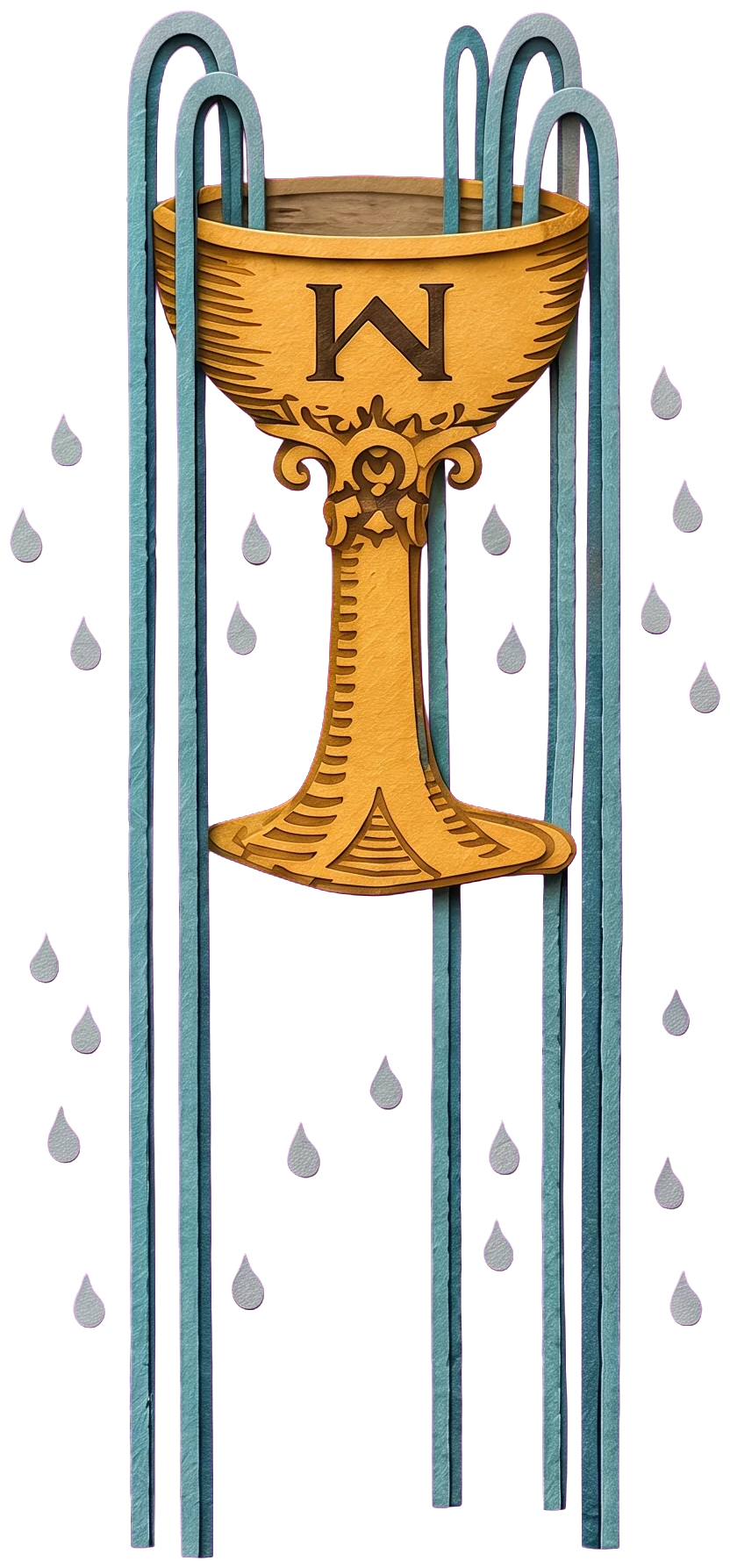A tall golden chalice marked with a large letter, with four blue-green streams arching up and pouring down on both sides and water drops falling around it