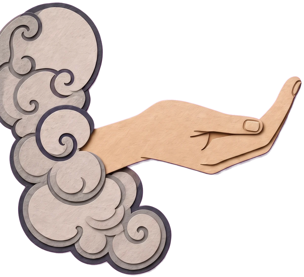 A pale hand reaching out of curling grey clouds, palm up, with thin rays of light around it