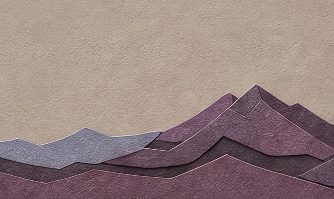 A row of purple and blue paper mountains along the bottom of the card, below the round pommel of the sword