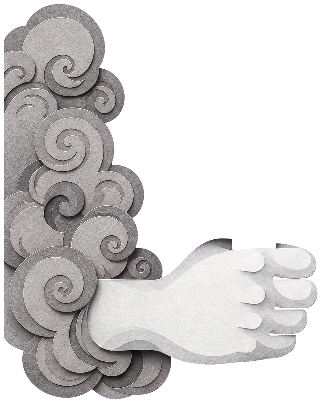 A pale hand reaching out of a grey swirling cloud, gripping the blue hilt of a sword
