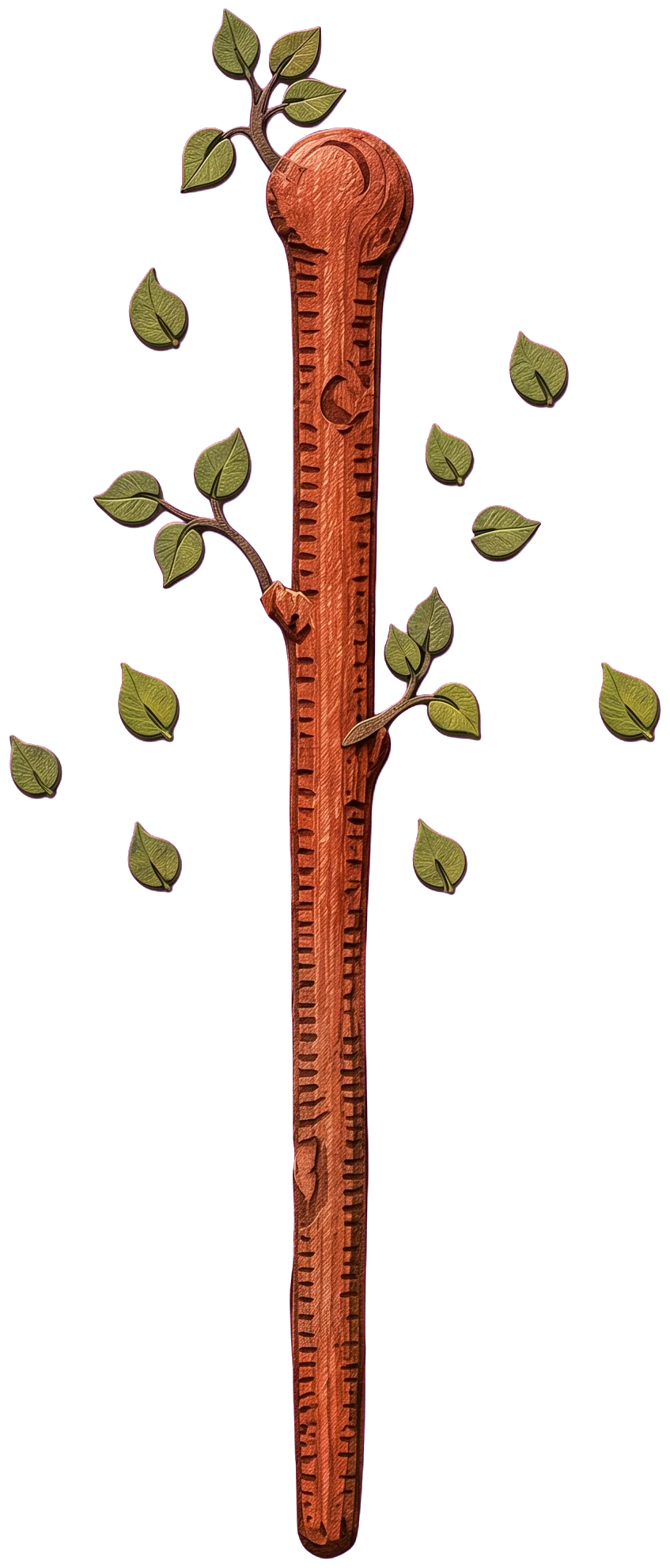 The top of a red-brown wand with sprigs of green leaves growing from it and loose leaves floating around