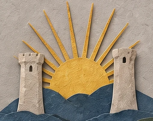 A gold sun with long rays rising between two white towers above blue hills.
