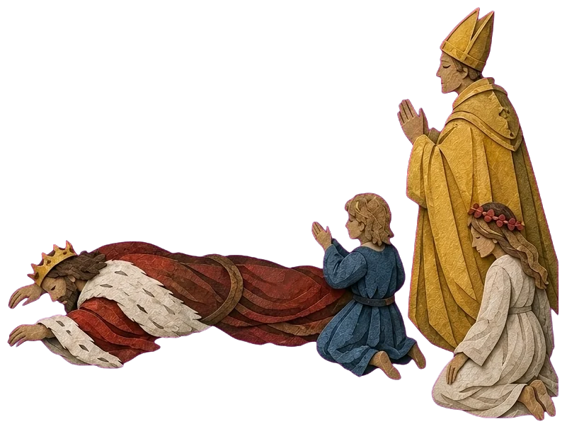 A crowned king lying on the ground under the horse's hoof, a kneeling child, a kneeling maiden in a flower wreath and a bishop in yellow with joined hands, by a river with a small boat.