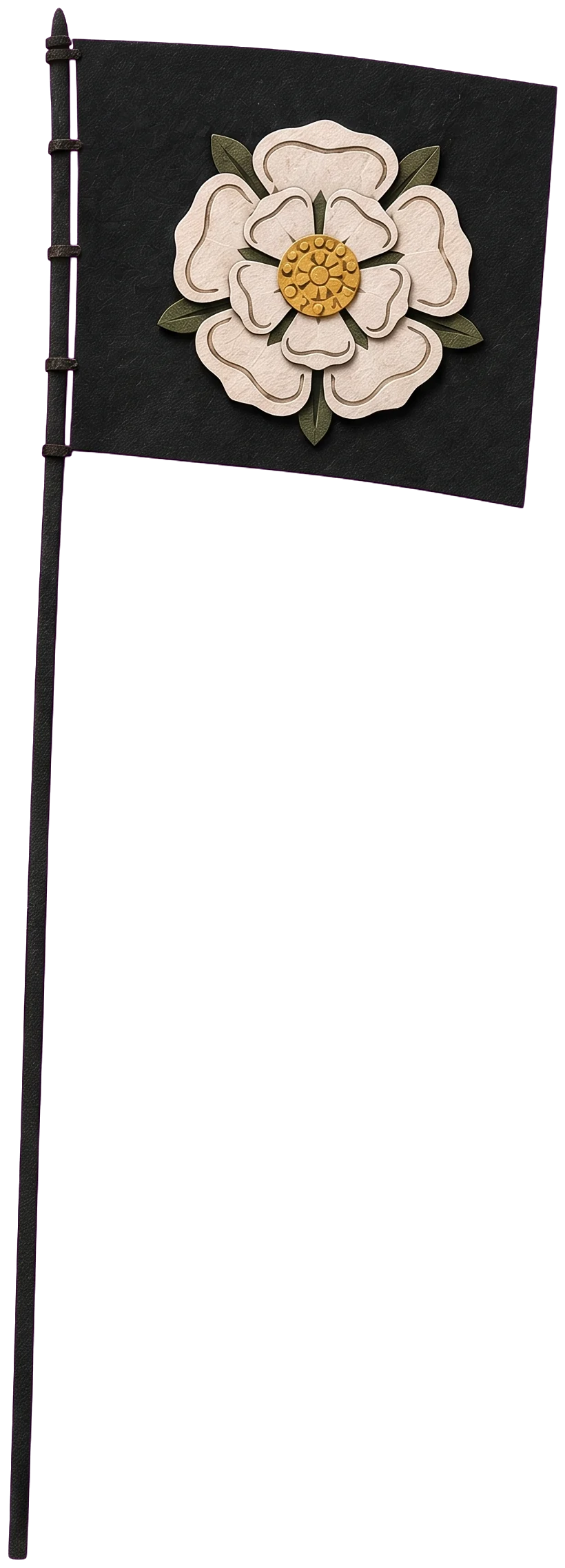 A black banner on a pole, with a large white five-petalled rose with a gold centre.