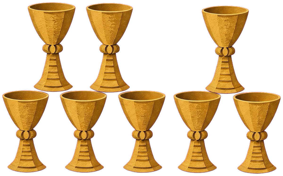 Eight gold cups stand on the shore, five in a row at the front and three above them, with a gap in the upper row