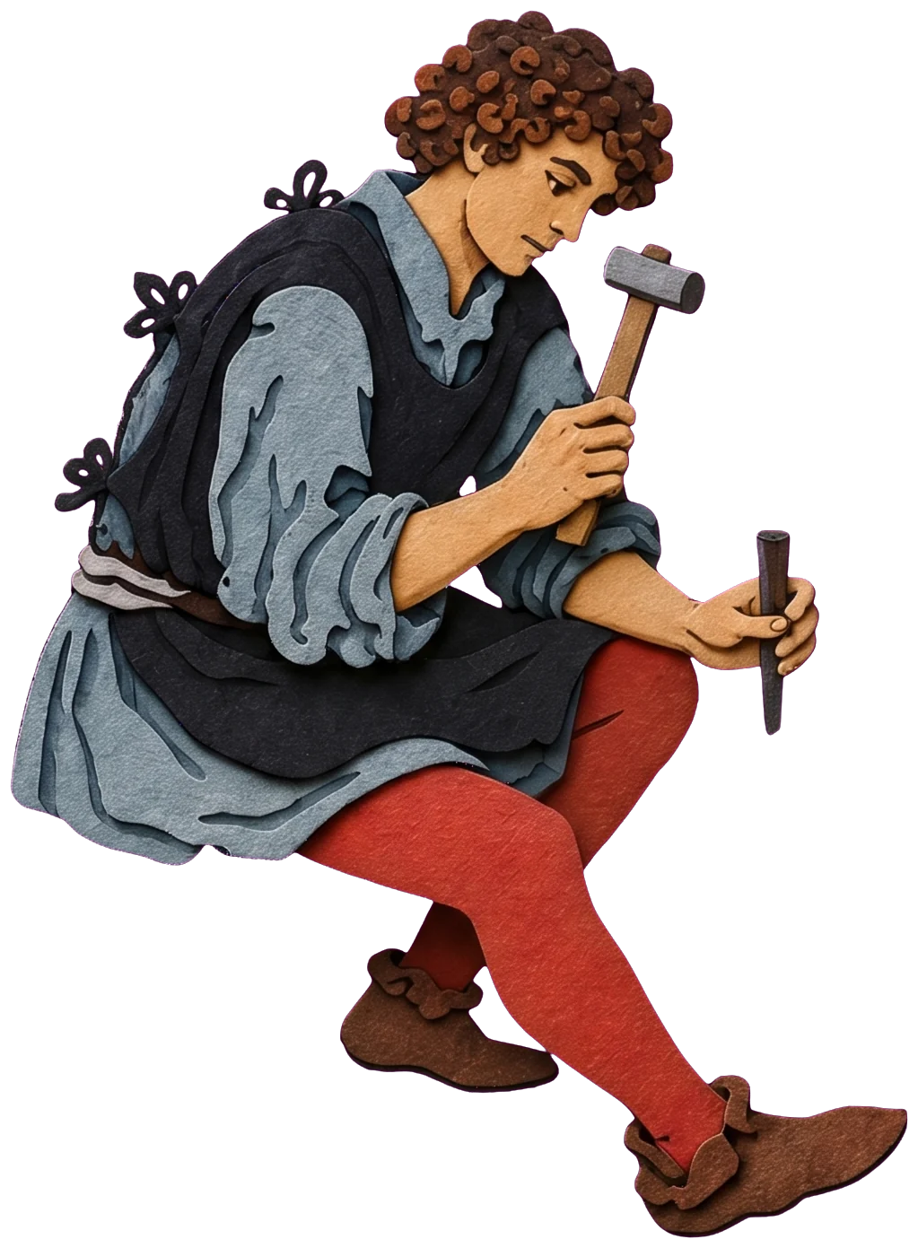 A young man with curly brown hair, in a blue-grey shirt and a dark apron, bends over his work with a hammer raised