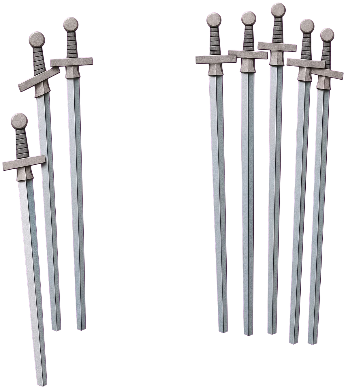 Five tall silver swords standing upright in the ground, hilts up, in front of grey hills