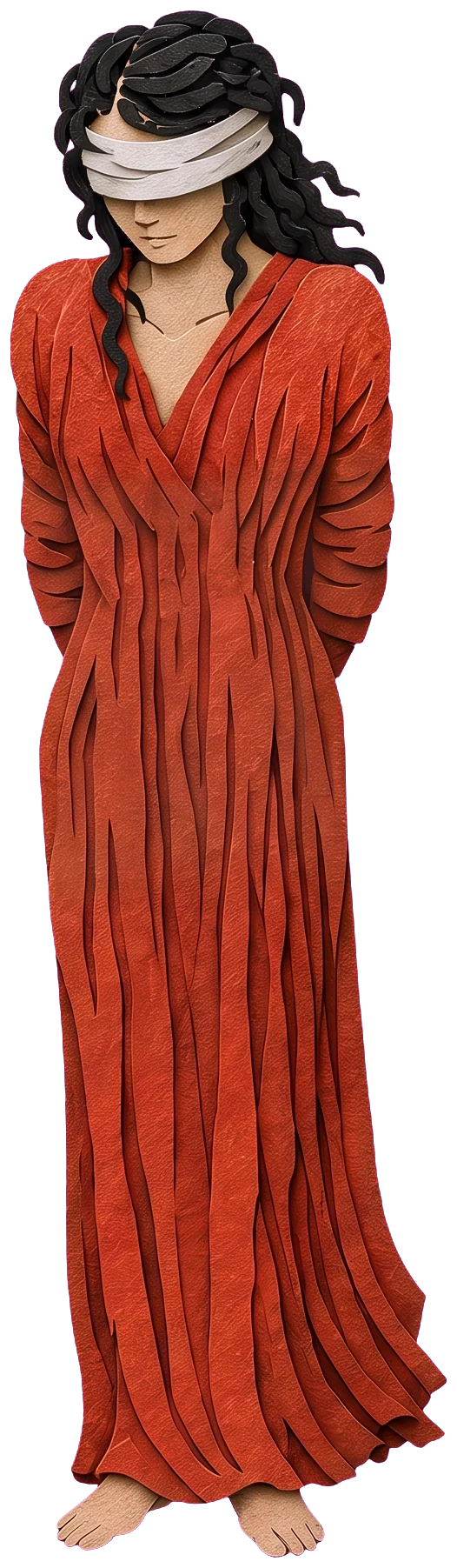 A woman with long black curly hair and a grey cloth tied over her eyes, her head bowed