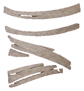 Grey bands of cloth wrapped several times around a woman's body over a red dress, pinning her arms