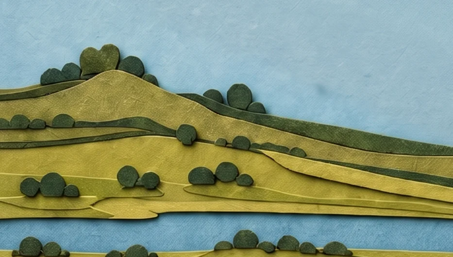 Rolling green hills with dark round trees and a blue river running across the bottom of the card