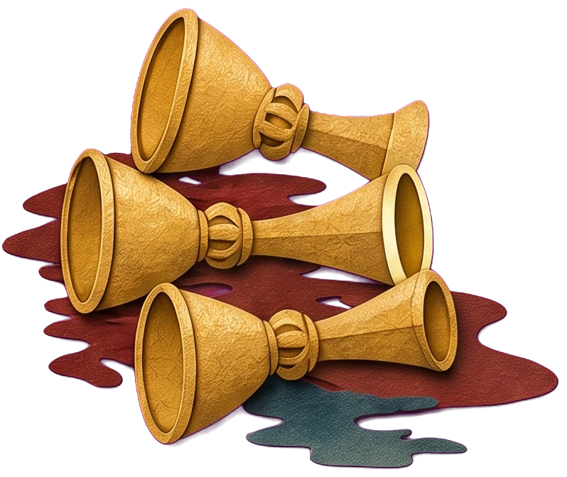 Three golden cups lying on their sides on the ground, red and green liquid spilled around them