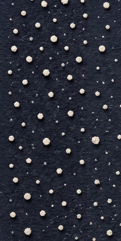 A dark blue night sky full of white snowflakes beside the grey stone edge of the window
