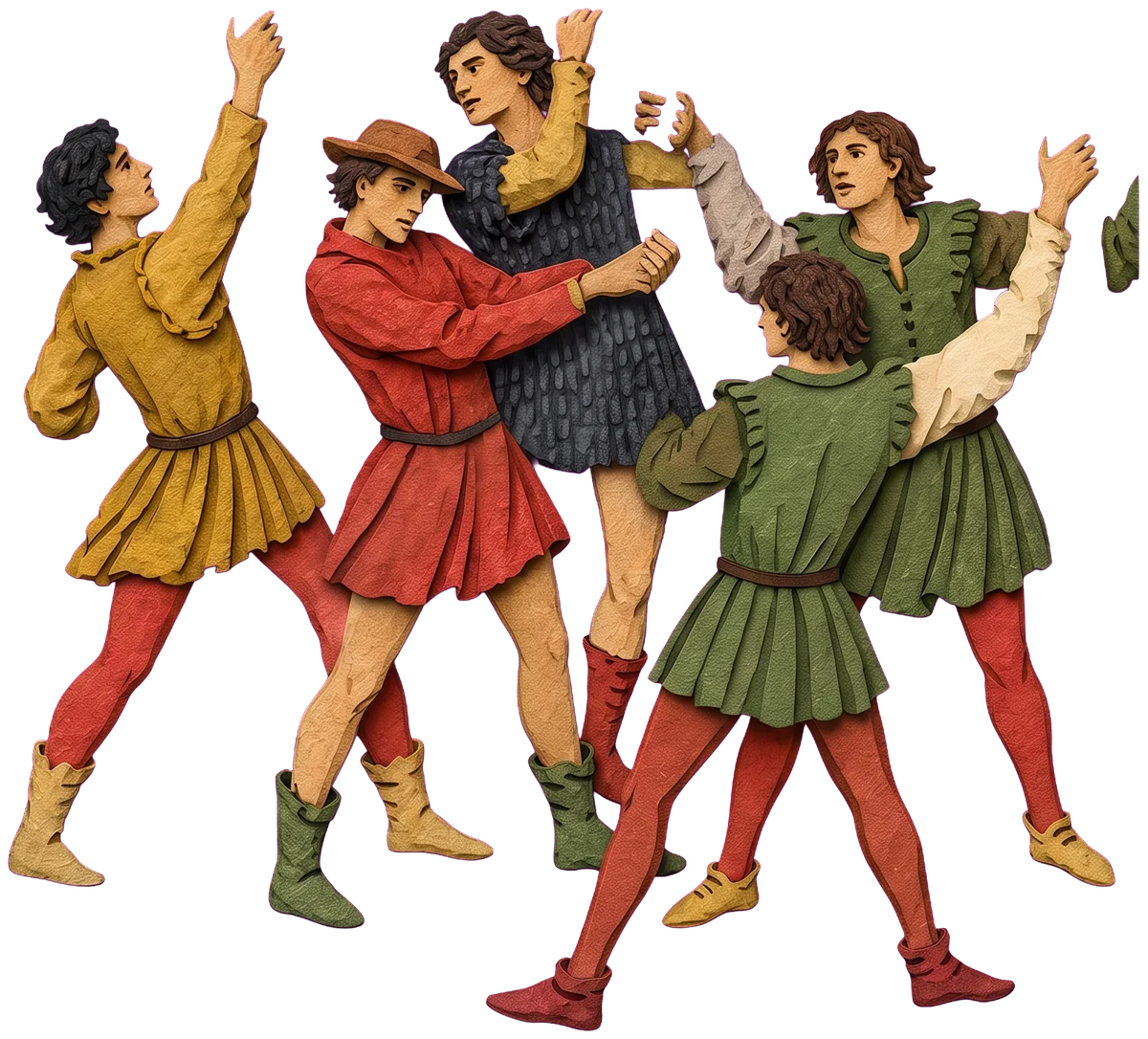 Five young men in yellow, red, dark blue, green and spotted tunics, grappling with their staves