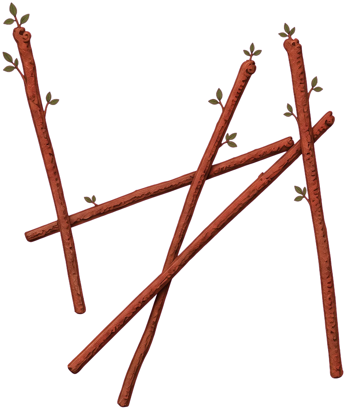 Five long red-brown wands with green shoots crossing each other at sharp angles against a pale blue sky