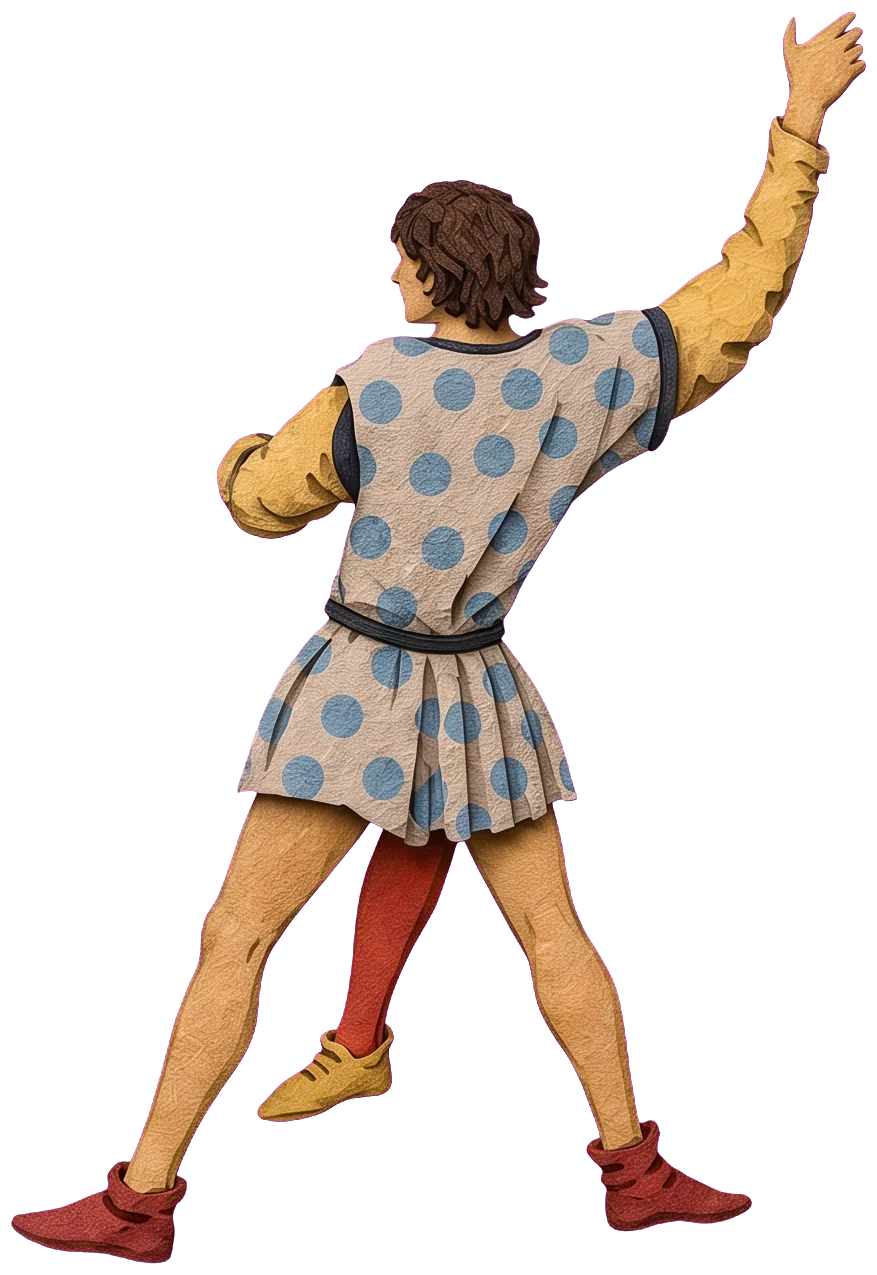 A young man seen from behind in a cream tunic with blue spots, gripping a wand above his head