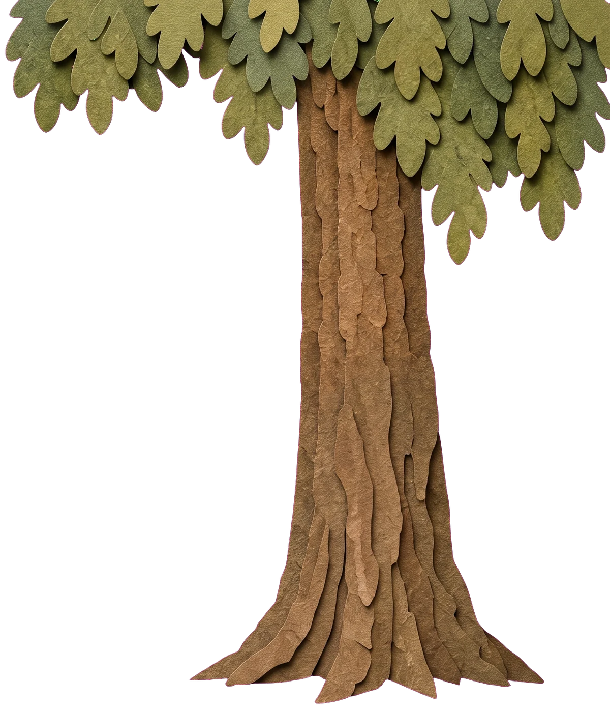 The brown trunk of a tall tree with clusters of green leaves above it against a blue sky