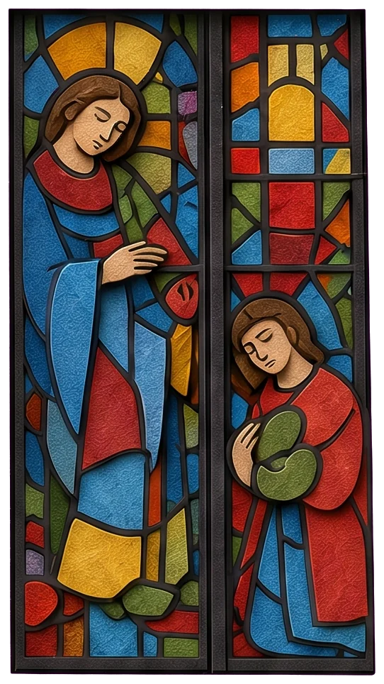Three swords hanging point down side by side on a pale wall panel