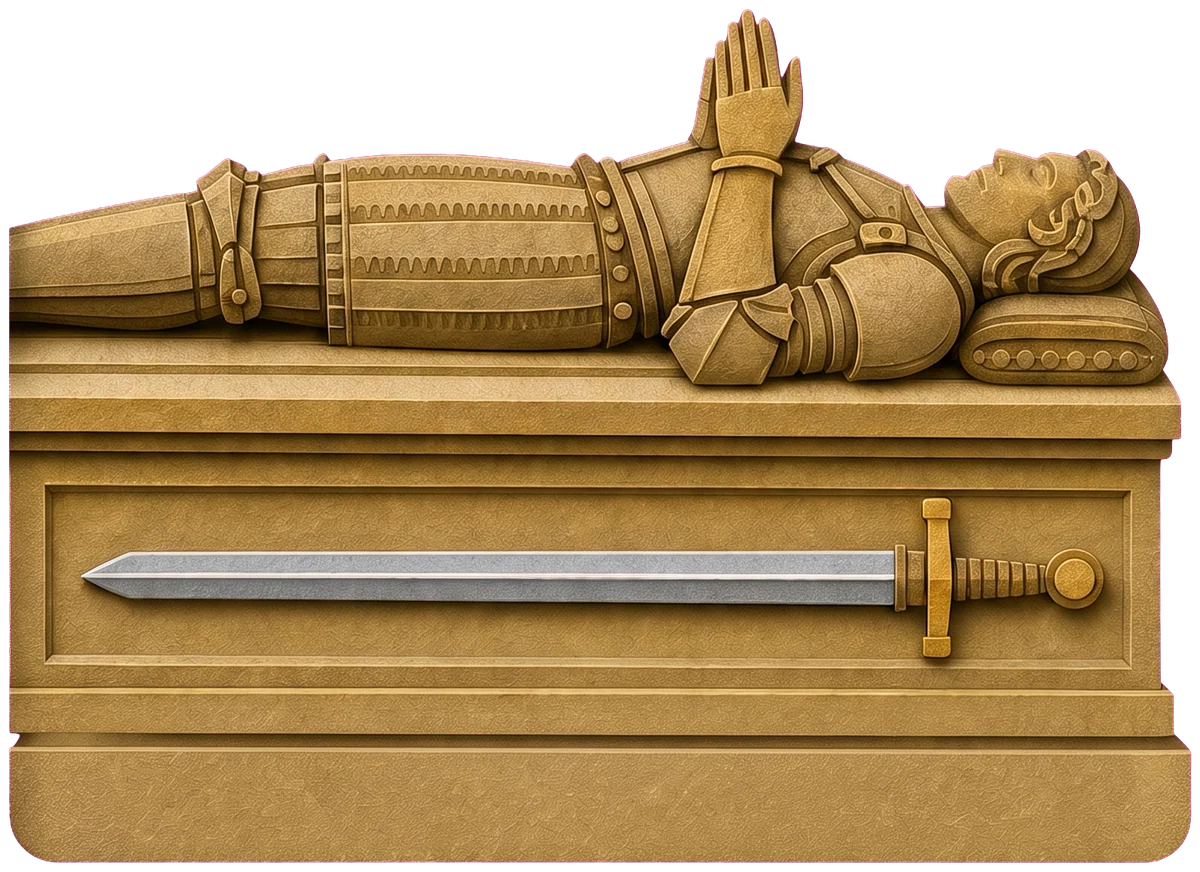 A sword with a gold hilt carved along the side of the stone tomb, below the knight's head