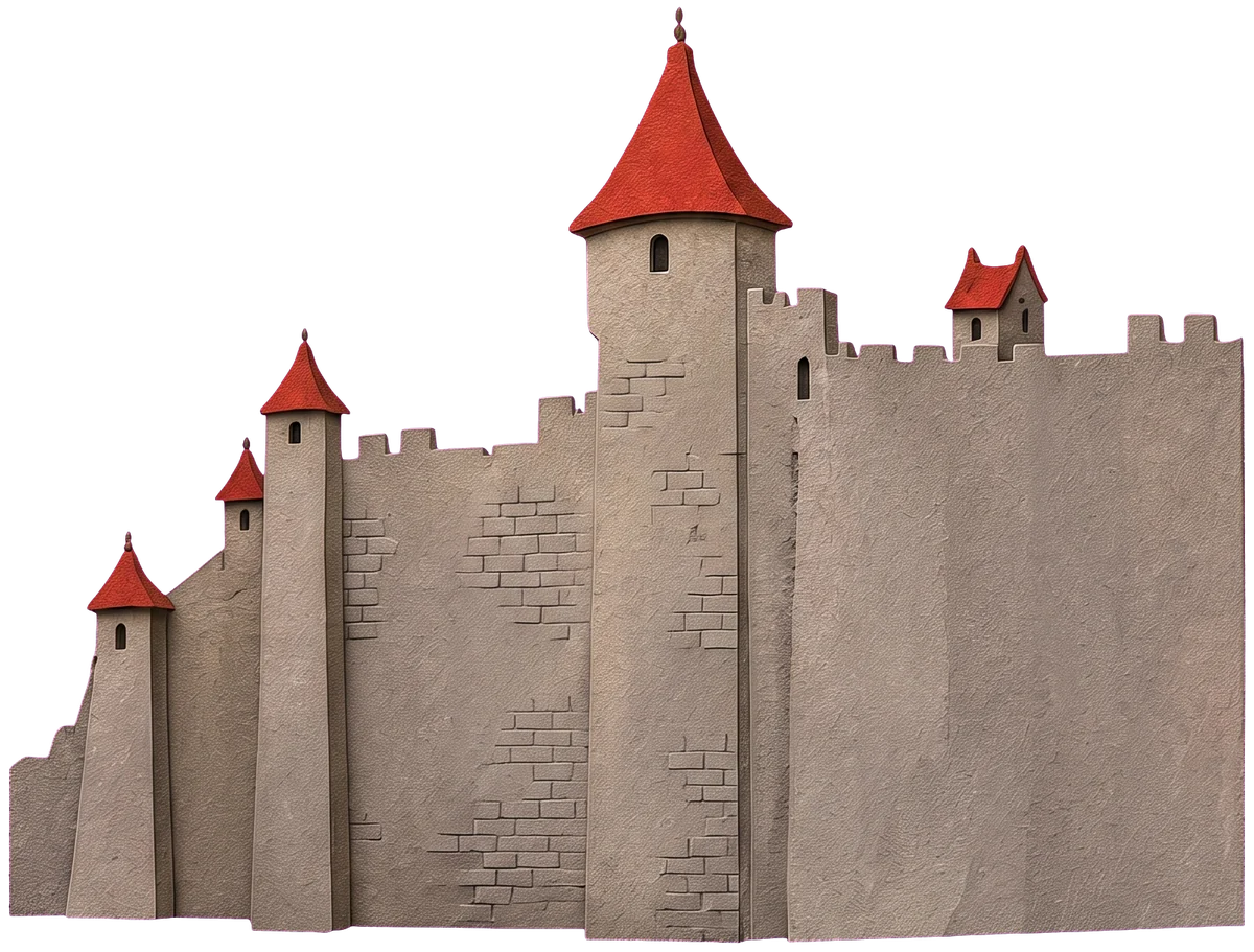 A grey castle with a round tower and red pointed roofs behind the wands, against a yellow sky