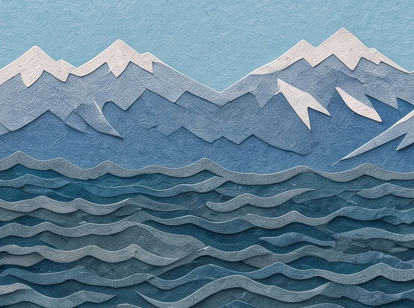 A rough blue sea under snowy mountains, with open grey tombs floating on the water and people rising from them with raised arms