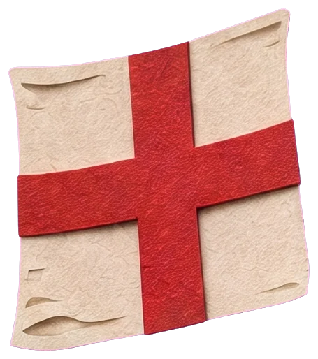 A white banner with a red cross hanging beside the wide golden bell of the trumpet