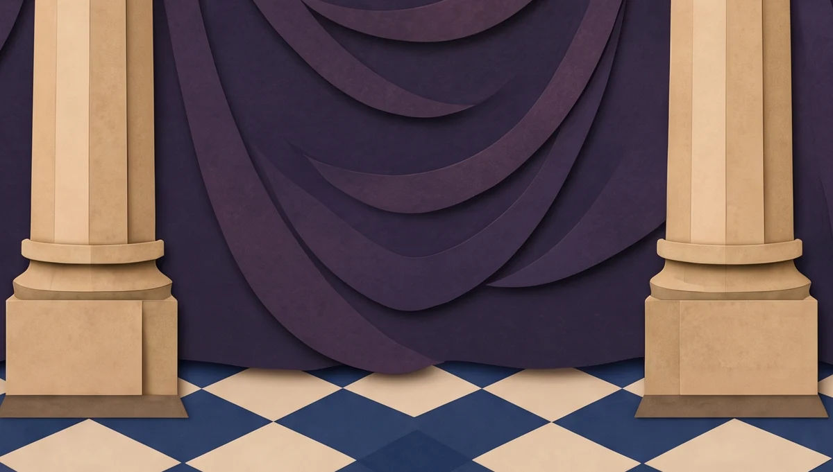The woman's red robe on a stone throne, between the bases of two cream stone pillars, above a blue and cream checkered floor.