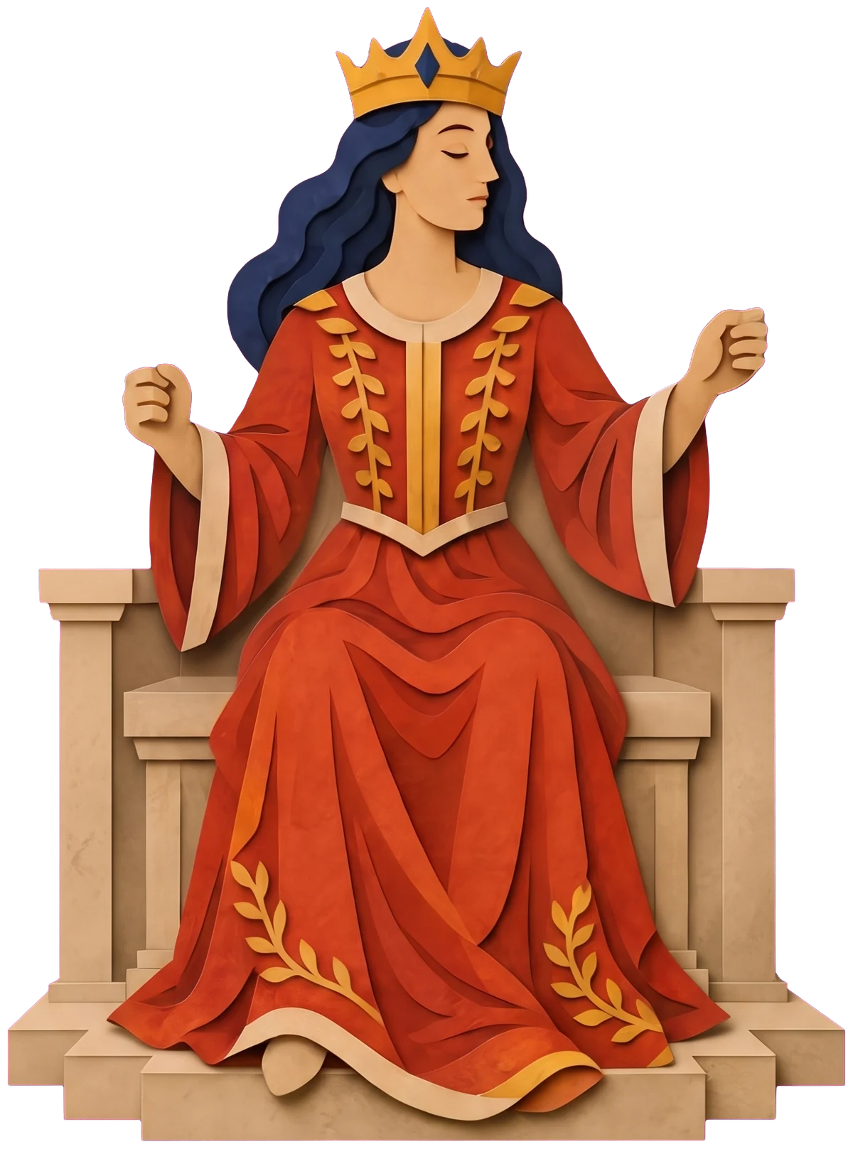 The calm face of the woman, eyes closed, with long dark blue hair and a gold crown.