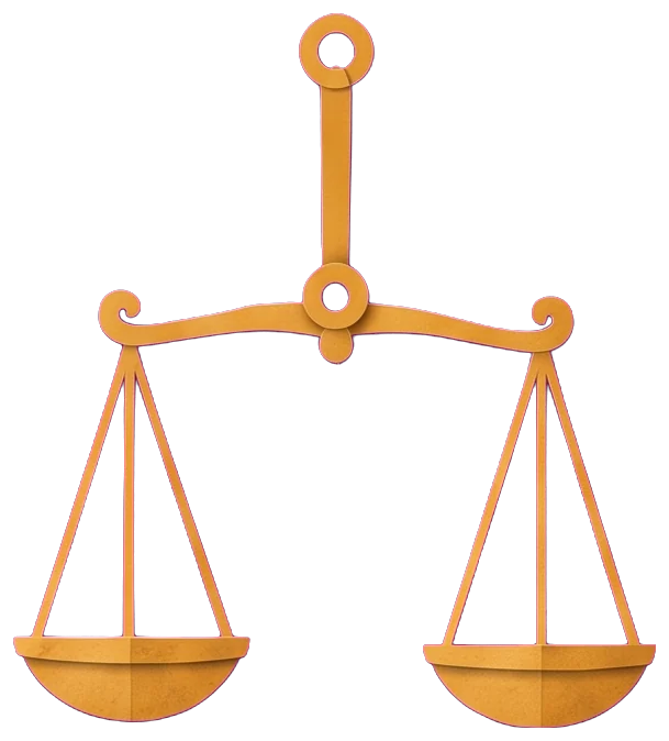 Gold scales hanging from the woman's left hand, their two pans level.