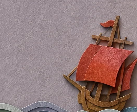 A small wooden ship with red sails riding the waves beside the stone pillar of the throne