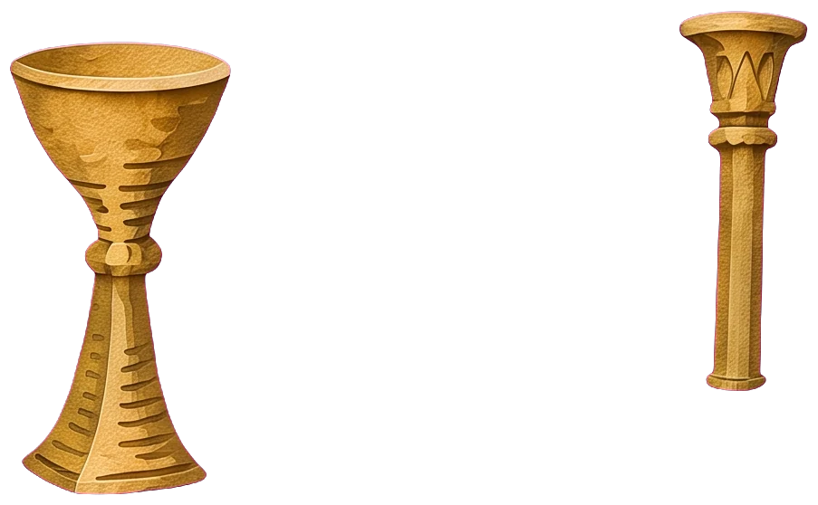 The king holds a tall gold cup in one hand and a short gold sceptre in the other, resting on the arm of his throne