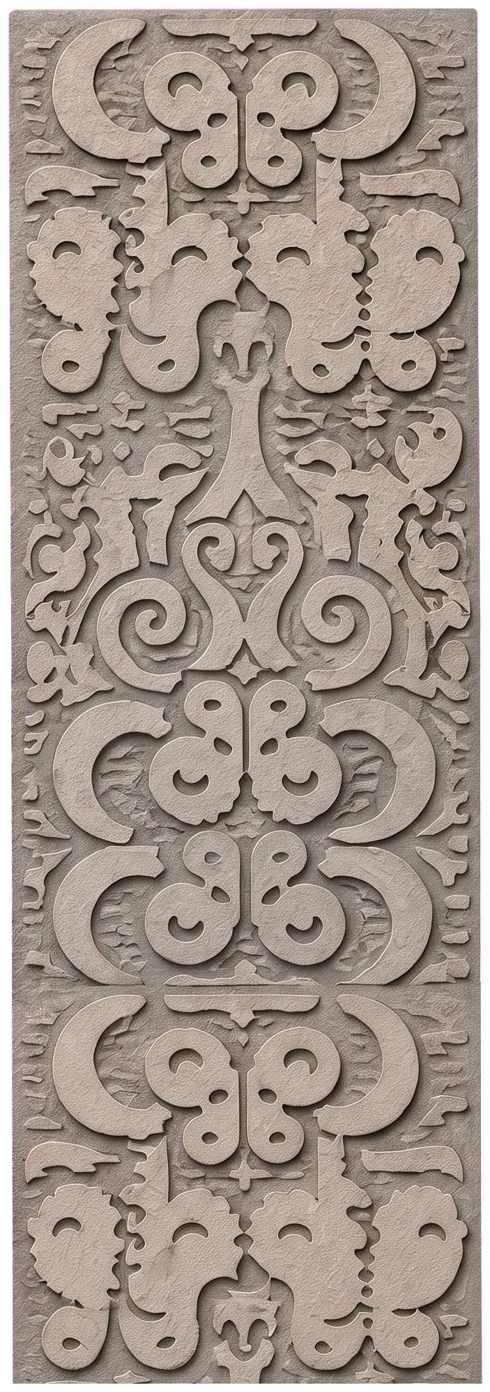 The tall grey stone back of a throne, carved with curling shapes, rising above the king's crown