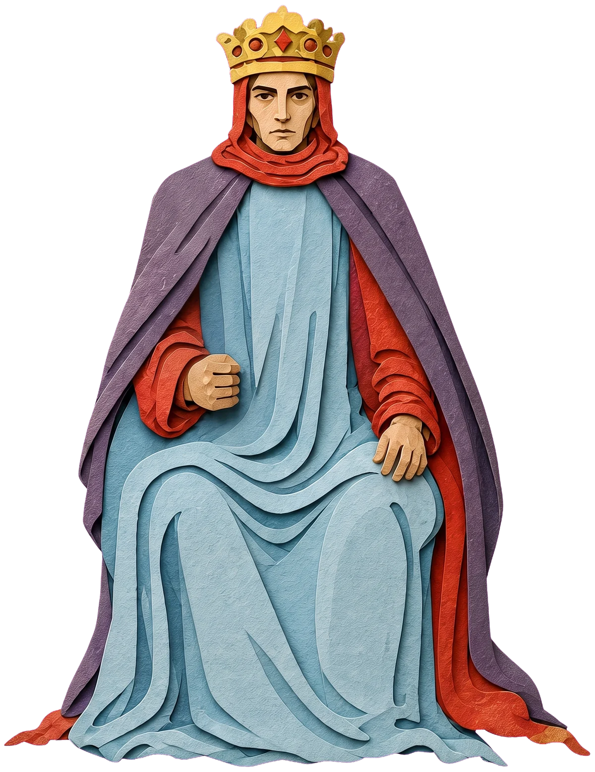 A king facing forward with a gold crown, red hood and purple cloak over a pale blue robe, his expression stern and steady