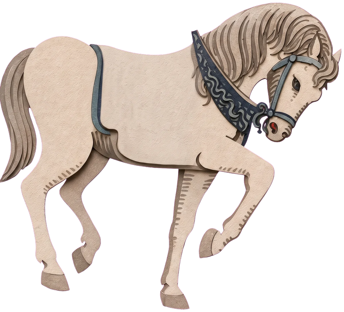 A pale white horse with a grey mane walking forward with one foreleg raised, its head bowed