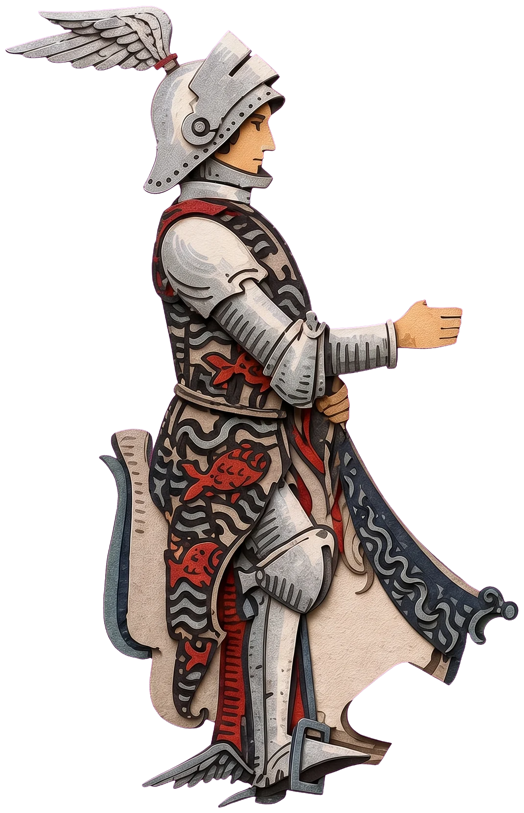 A silver knight's helmet with a white feathered wing on top, the knight's face seen in profile