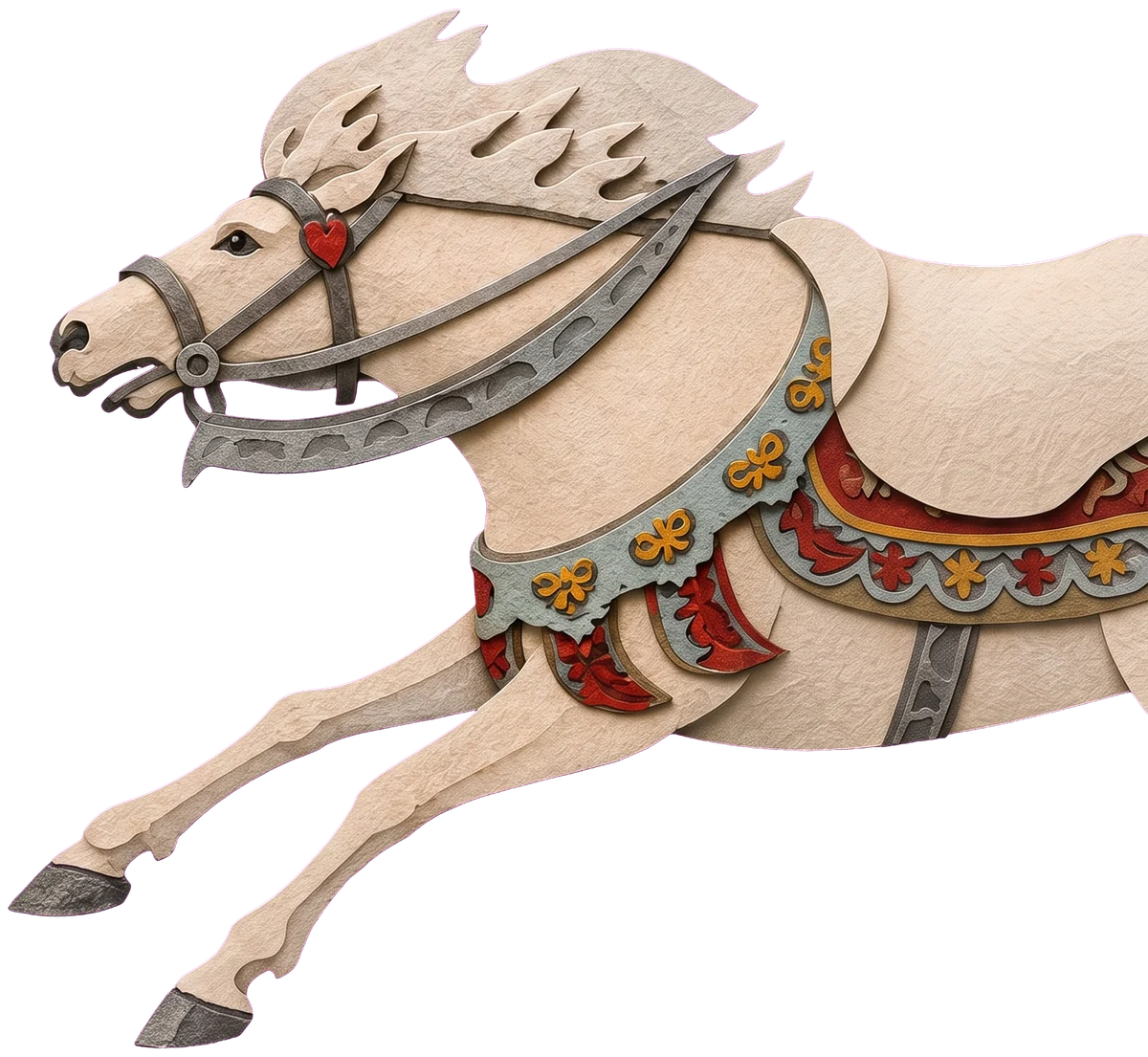 A white horse at full gallop with its mane flying, wearing a grey bridle with a red heart and a decorated blanket
