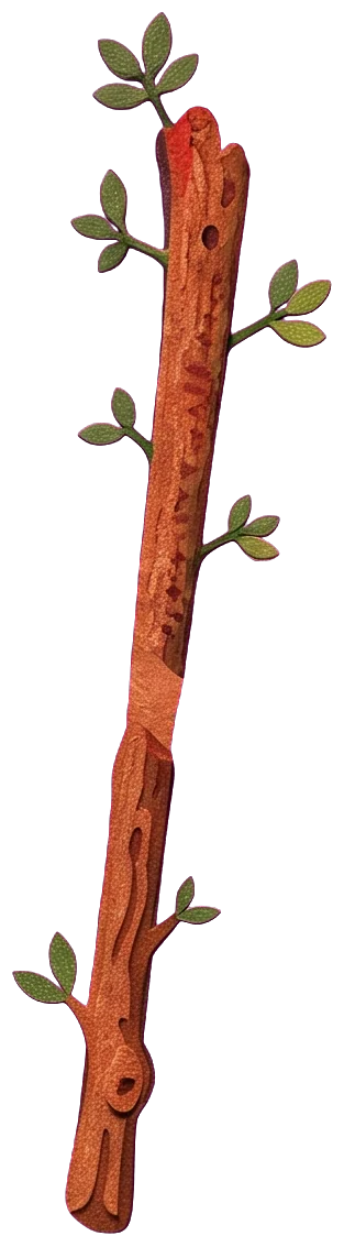 A short red-brown wand with green leaves held up in the knight's gloved hand
