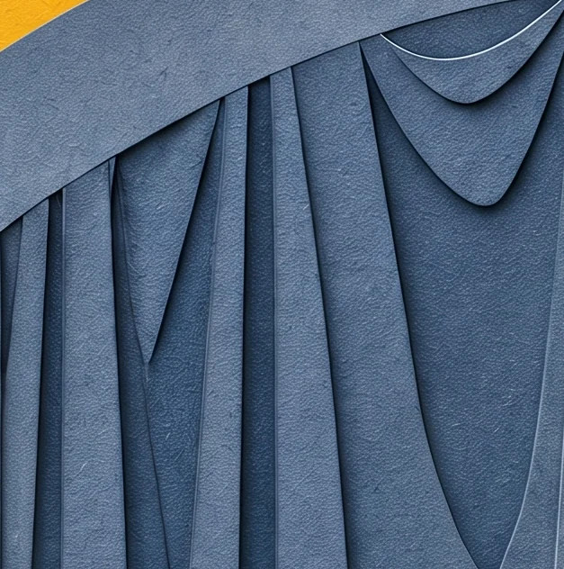 Folds of a blue curtain hanging under the arch of cups