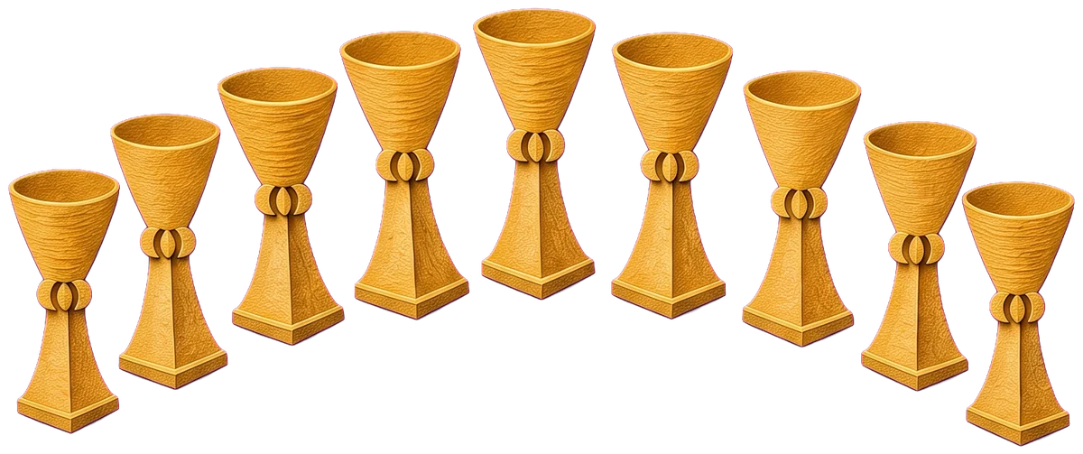 Nine gold cups standing in an arch along the top of a blue curtained alcove, on a yellow background