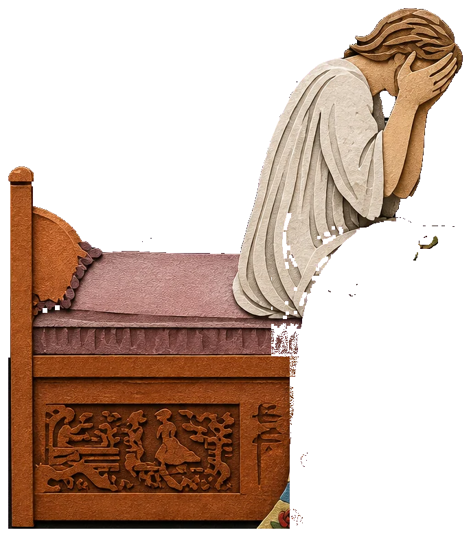 A figure in a white nightgown sitting up in bed with both hands covering their face