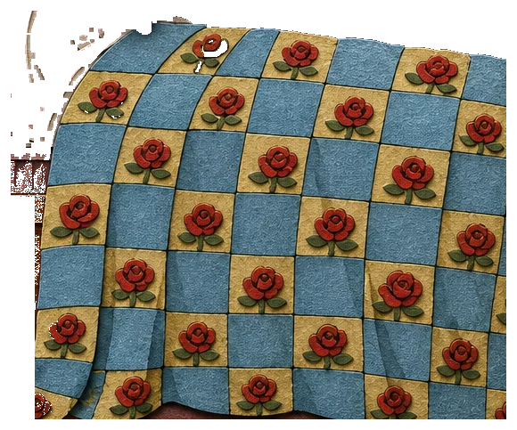 A quilt of blue and yellow squares, the yellow squares each holding a red rose, draped over the bed