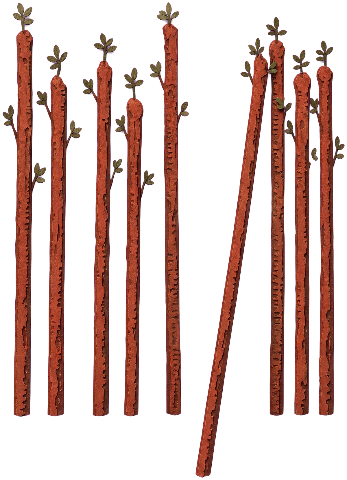 Eight tall red-brown staves standing upright in a row, each topped with small green leaves
