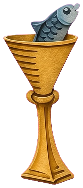 A tall golden cup held out in a hand, with a small blue fish rising out of it