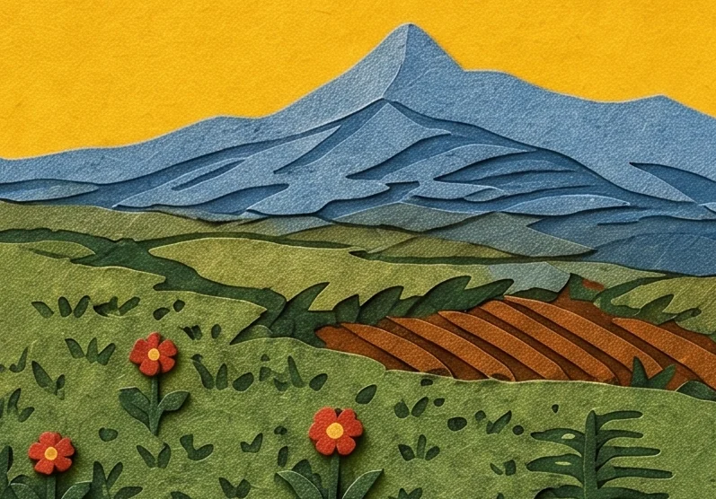 A blue mountain on the horizon above green meadows and a brown ploughed field, with red and yellow flowers in the grass
