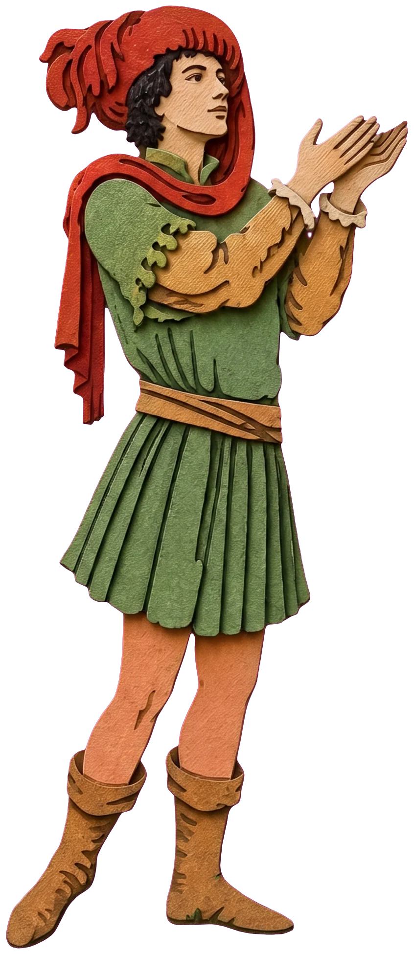 The page's green tunic, bare legs and tall brown boots, standing in the grass among small flowers