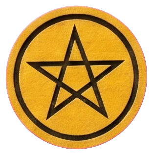 A young man in a red hat raising both hands to a gold pentacle and looking up at it