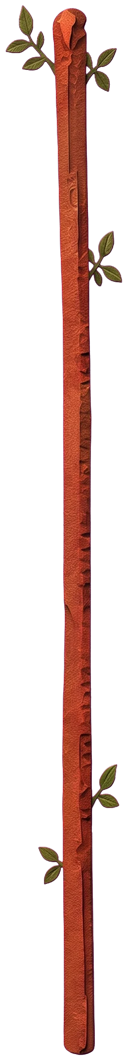 The top of a tall red-brown wand with green leaves, held by the page's raised hand