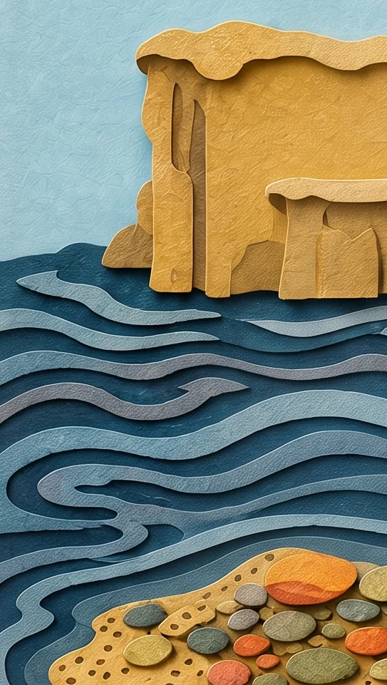 Yellow sandy rocks over a swirling blue sea and a shore of coloured pebbles, with a fold of the queen's robe at the edge