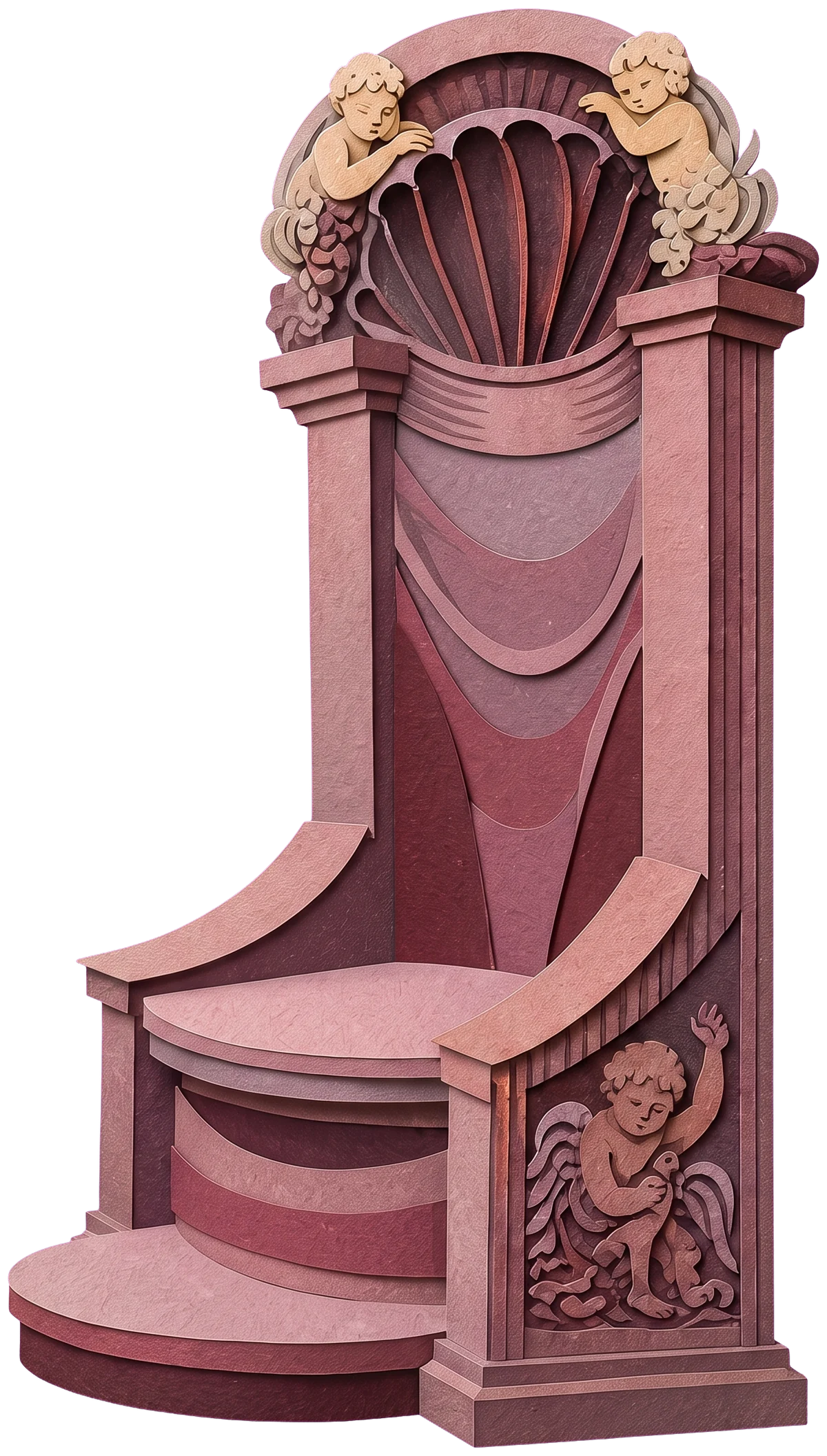 Two small cream cherubs sitting on top of a pink throne carved with a large shell