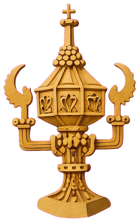 An ornate closed gold cup with a cross on its lid and two curved, wing-like handles, held in the queen's hands